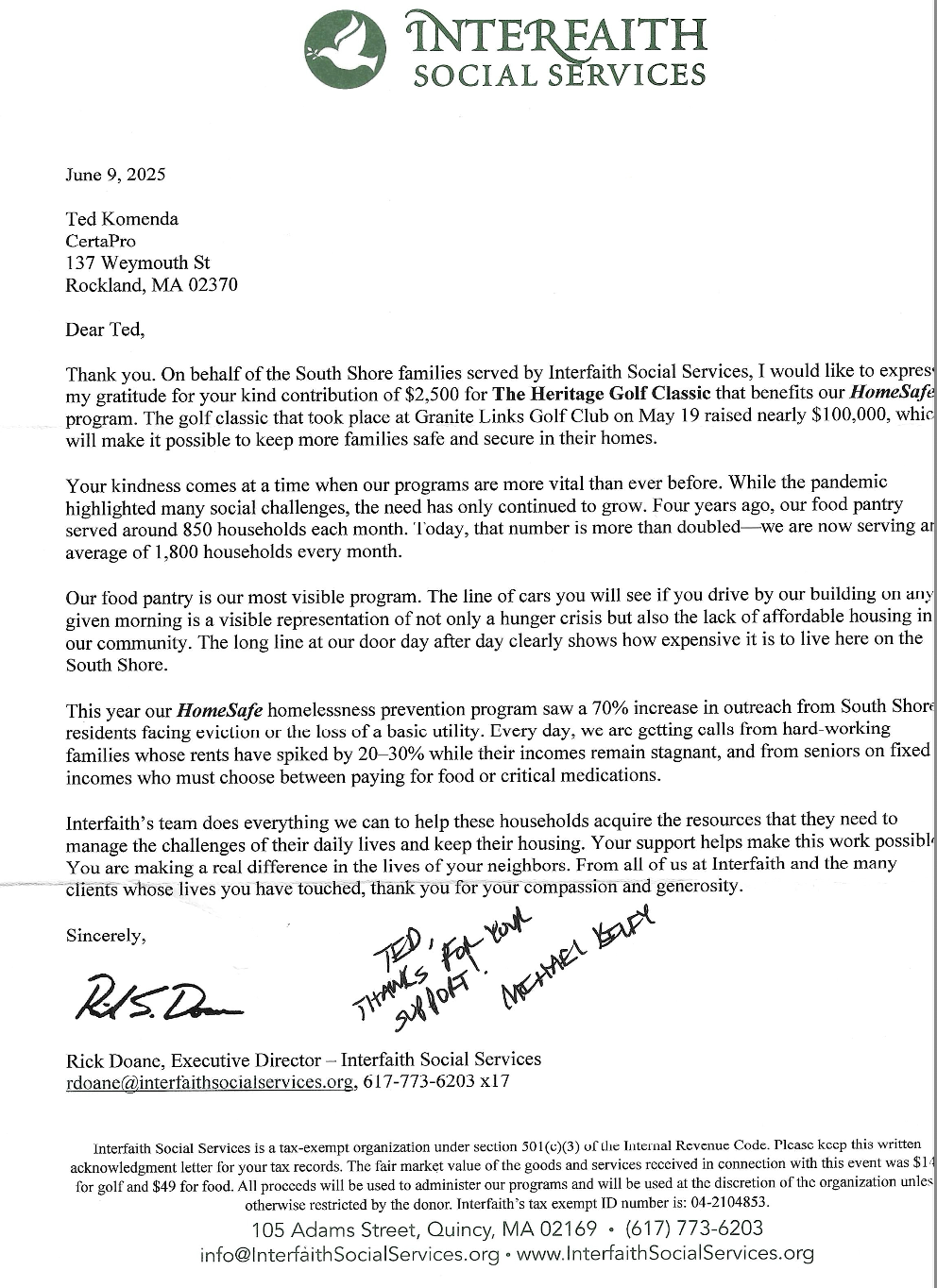 Thank you letter for donation to Interfaith fundraiser